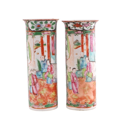 930 - A pair of Chinese Canton Export famille rose lidded vases decorated with figures, four character blu... 