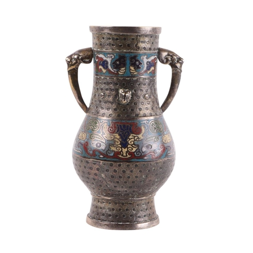 934 - A Chinese bronze / brass enamel two-handled vase, 25cms high.