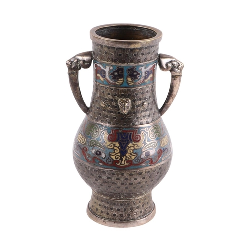 934 - A Chinese bronze / brass enamel two-handled vase, 25cms high.