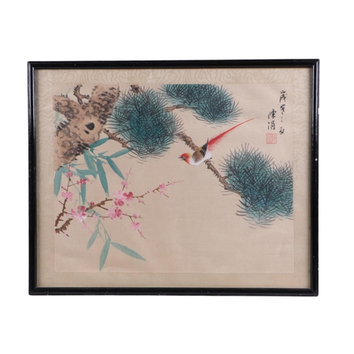 952 - Chinese school - A pair of Chinese watercolour paintings on textile depicting birds amongst flowerin... 