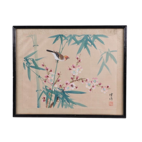 952 - Chinese school - A pair of Chinese watercolour paintings on textile depicting birds amongst flowerin... 