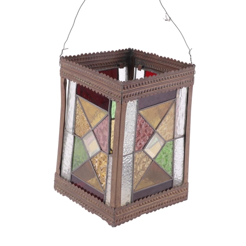 988 - A late 19th / early 20th century leaded glass rectangular hall lantern, 29cms high.