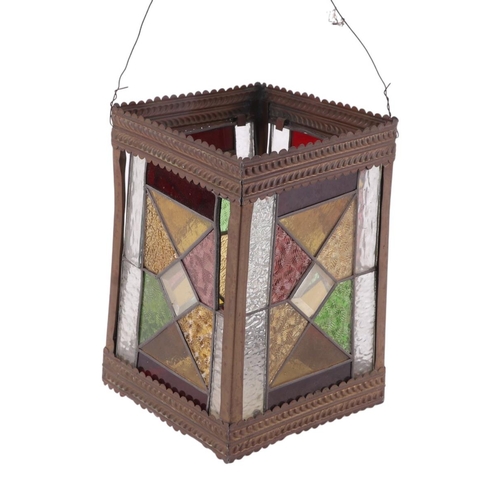 988 - A late 19th / early 20th century leaded glass rectangular hall lantern, 29cms high.