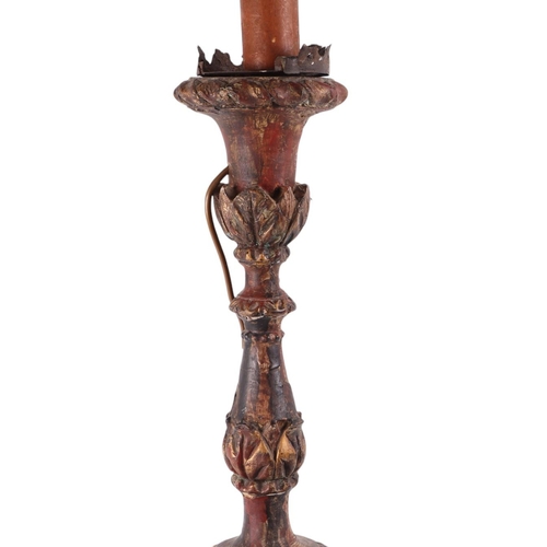 998 - A giltwood and painted large candlestick (converted to electricity), 71cms high excluding fitment.