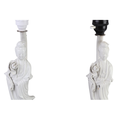 941 - A pair of Chinese blanc de chine figures converted to table lamps, 39cms high overall.