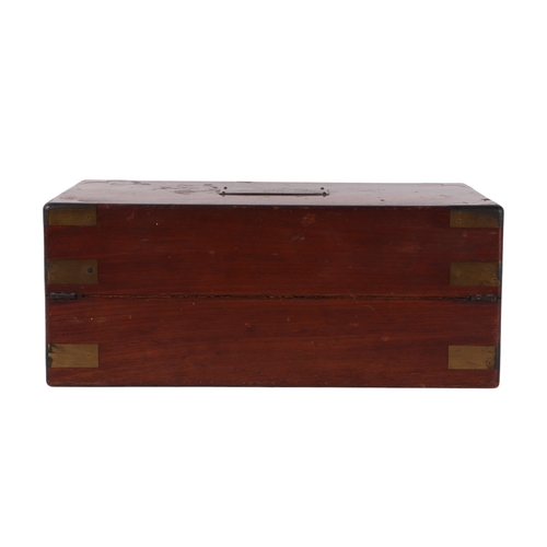 587 - A Victorian brass bound figured mahogany writing slope with secret drawer compartment, 45cms wide.