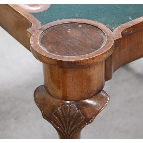 1107 - A 19th century Queen Anne style walnut concertina action card table, the quarter veneered top with c... 