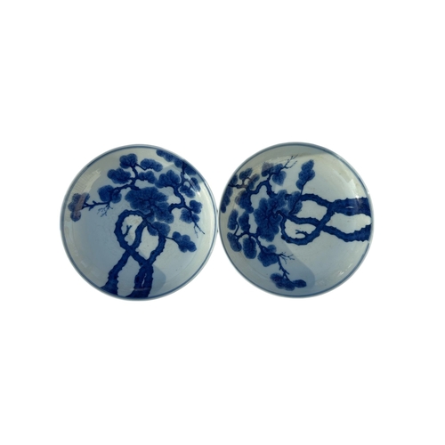 973 - A pair of Chinese blue & white saucer dishes decorated with a fir tree, six character blue mark to t... 