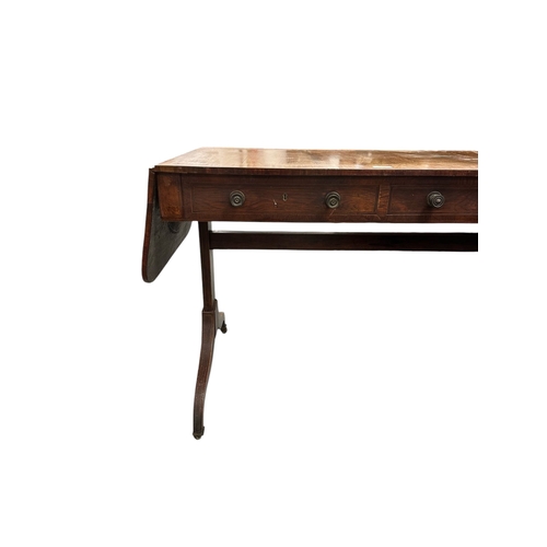 1127 - A 19th century rosewood sofa table with two frieze and two faux frieze drawers, 93 by 59cms.