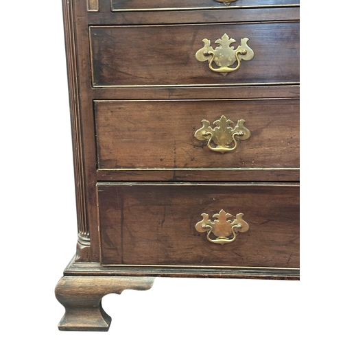 1128 - A 19th century mahogany bureau, the fall-flap enclosing a fitted interior with secret compartments, ... 