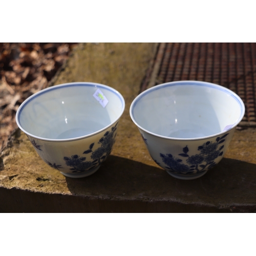 959 - A pair of Chinese blue & white footed bowls decorated with flowering foliage and bamboo with a drago... 