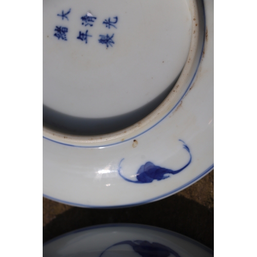 973 - A pair of Chinese blue & white saucer dishes decorated with a fir tree, six character blue mark to t... 