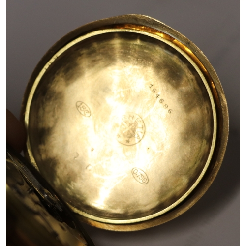 646 - An 18ct gold cased full hunter pocket watch, the white enamel dial with Roman numerals and subsidiar... 