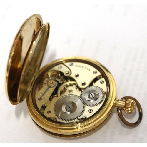 646 - An 18ct gold cased full hunter pocket watch, the white enamel dial with Roman numerals and subsidiar... 