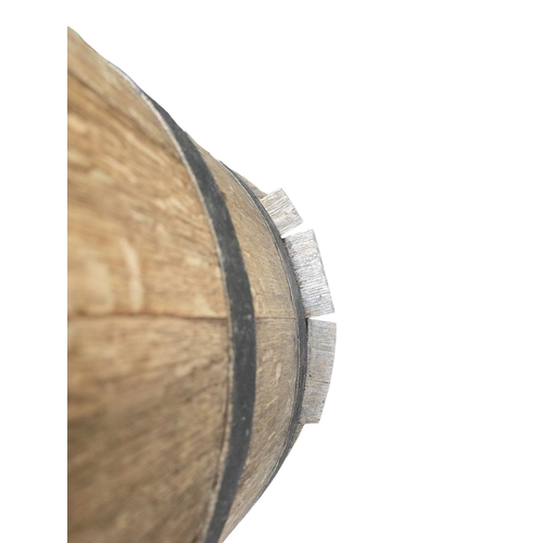 1 - A coopered oak barrel of tapering form, 51cms high; together with a pair of iron fire dogs.