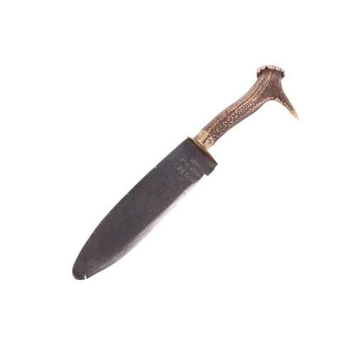 42 - An antler handled hunting dagger, the blade marked '17098, 1558, 1737HV, Oregon, 3/8, Made in Canada... 