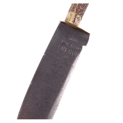 42 - An antler handled hunting dagger, the blade marked '17098, 1558, 1737HV, Oregon, 3/8, Made in Canada... 