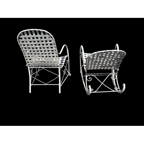 5 - A distressed painted metal garden rocking chair with woven slat seat; together with a similar elbow ... 