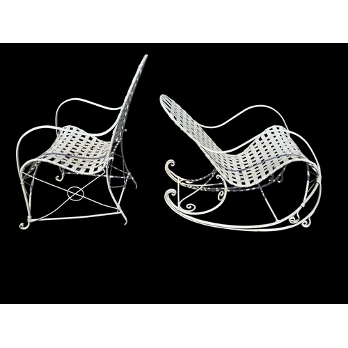 5 - A distressed painted metal garden rocking chair with woven slat seat; together with a similar elbow ... 