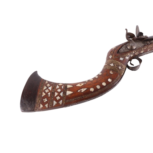 52 - A 19th century Jezail Indo-Persian flintlock rifle with mother of pearl inlaid decoration, 126cms lo... 
