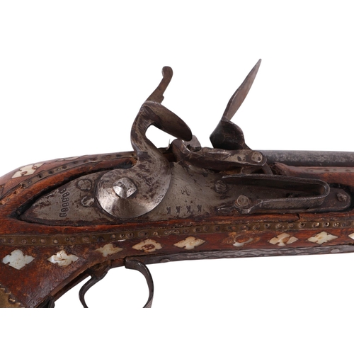 52 - A 19th century Jezail Indo-Persian flintlock rifle with mother of pearl inlaid decoration, 126cms lo... 