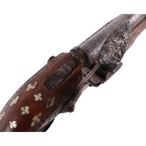 52 - A 19th century Jezail Indo-Persian flintlock rifle with mother of pearl inlaid decoration, 126cms lo... 