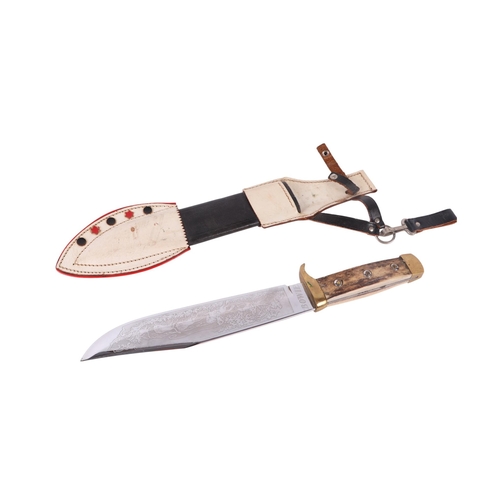 101 - A mid 20th century Bowie knife with brass mounted antler handle in a tooled leather scabbard, the bl... 