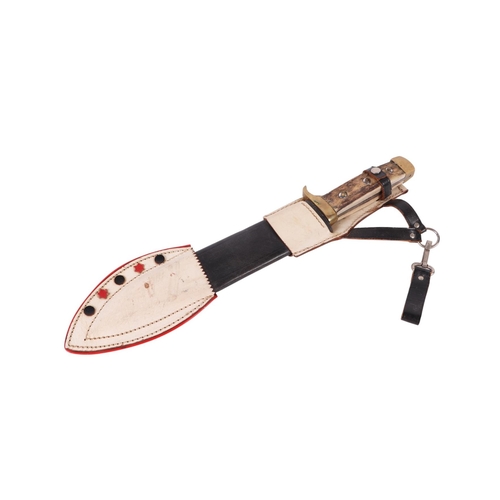 101 - A mid 20th century Bowie knife with brass mounted antler handle in a tooled leather scabbard, the bl... 