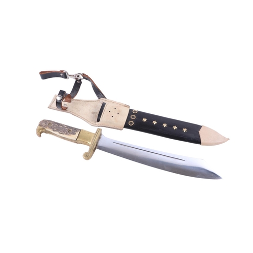 102 - A mid 20th century original Texas hunters knife with a brass mounted antler handle, the blade decora... 