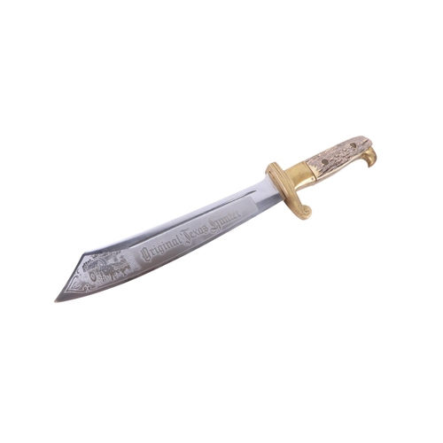102 - A mid 20th century original Texas hunters knife with a brass mounted antler handle, the blade decora... 