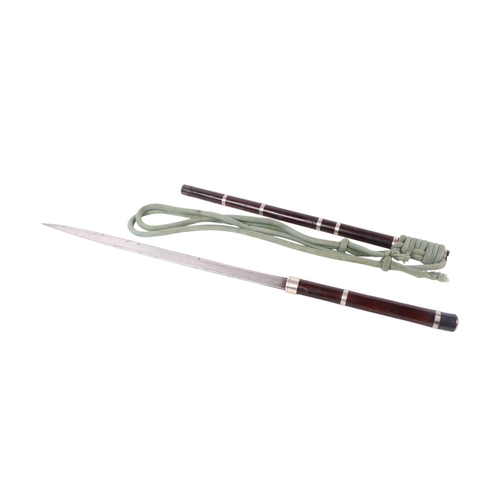 104 - A straight bladed Burmese Dha sword with white metal mounted rosewood handle and scabbard, and havin... 