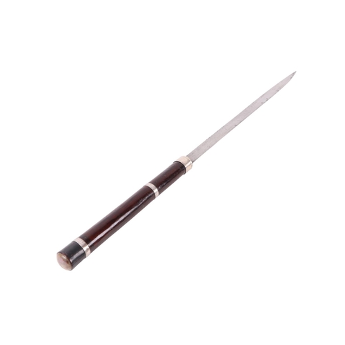 104 - A straight bladed Burmese Dha sword with white metal mounted rosewood handle and scabbard, and havin... 
