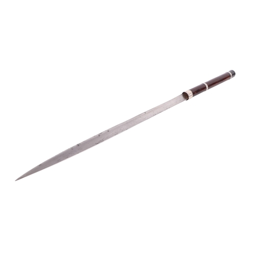 104 - A straight bladed Burmese Dha sword with white metal mounted rosewood handle and scabbard, and havin... 