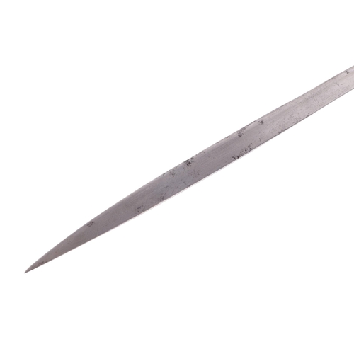 104 - A straight bladed Burmese Dha sword with white metal mounted rosewood handle and scabbard, and havin... 