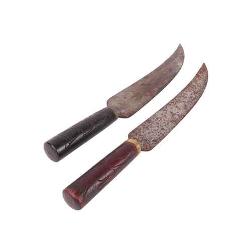 107 - Two early / mid 20th century Taiwan aboriginal swords with carved hardwood scabbards, each approx 61... 