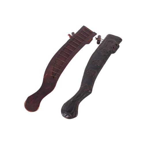 107 - Two early / mid 20th century Taiwan aboriginal swords with carved hardwood scabbards, each approx 61... 