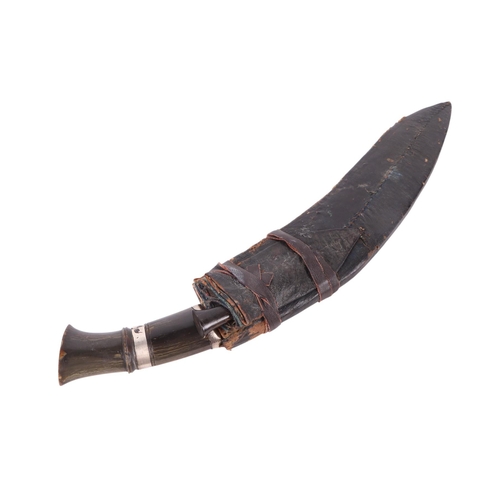 109 - A Dui Chira kukri with horn handle and white metal mounts, in a leather sheath, overall 46cms long, ... 