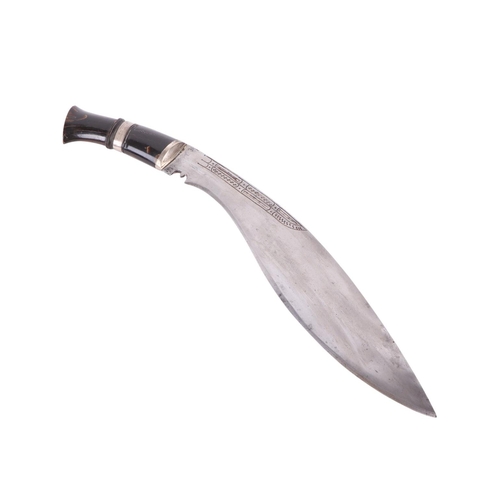 109 - A Dui Chira kukri with horn handle and white metal mounts, in a leather sheath, overall 46cms long, ... 