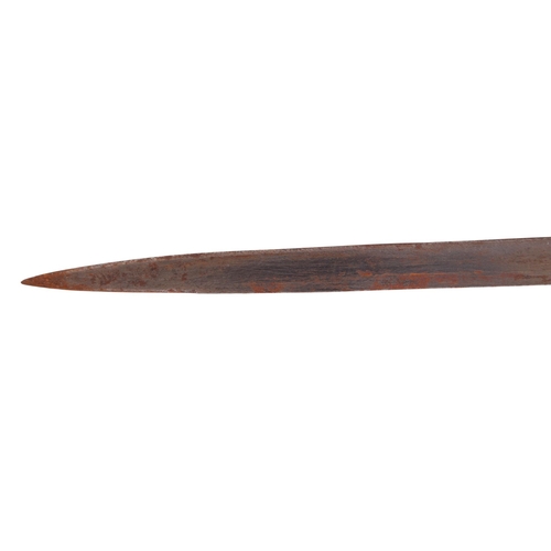 115 - An officers leather covered swagger sword stick 58cm long, blade length 35cm long together with a le... 