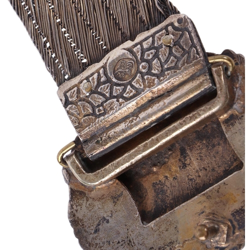 118 - An Indo-Persian bullion wire dress belt, the buckle with crest and calligraphy, 85cms long, 330g.