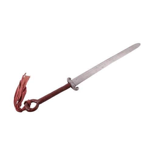 63 - A Chinese straight single edged watered blade Dao sword with buffalo horn guard and hilt in lacquere... 