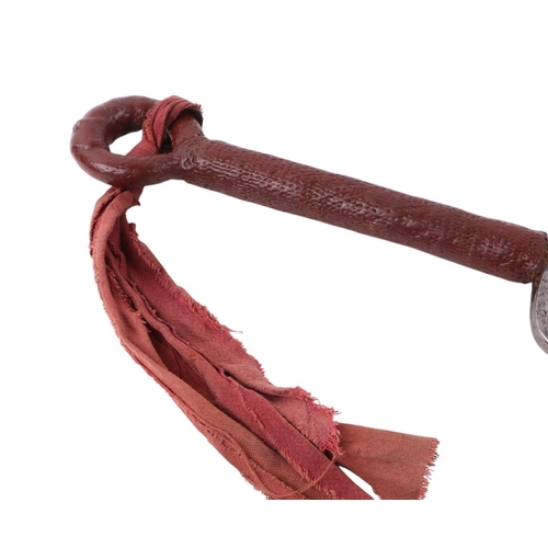 63 - A Chinese straight single edged watered blade Dao sword with buffalo horn guard and hilt in lacquere... 