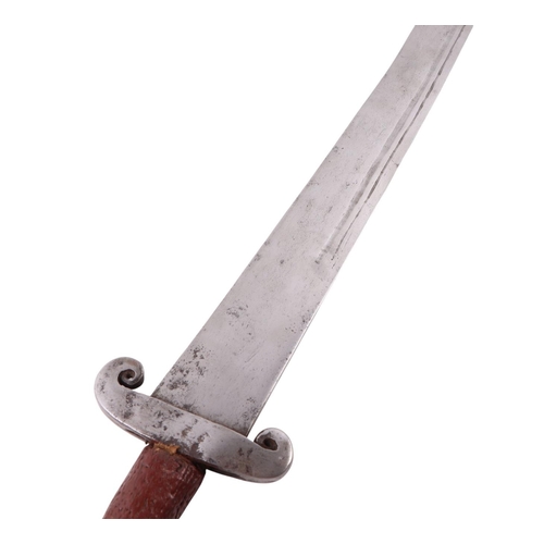 63 - A Chinese straight single edged watered blade Dao sword with buffalo horn guard and hilt in lacquere... 