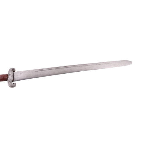 63 - A Chinese straight single edged watered blade Dao sword with buffalo horn guard and hilt in lacquere... 