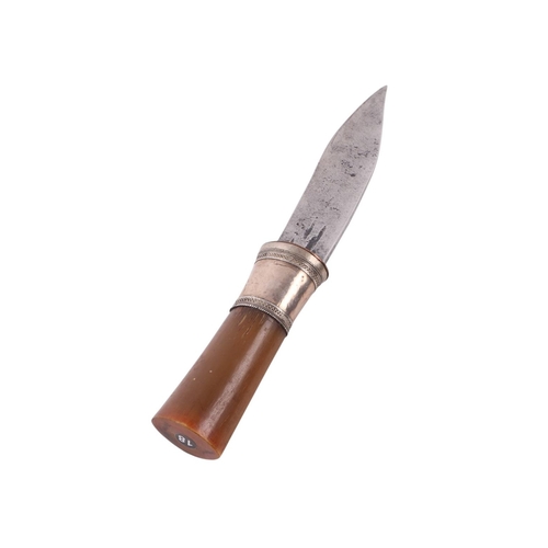69 - A 19th century Shan Tai - Thai Dha dagger with white metal mounted horn handle and white metal and e... 