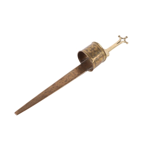 71 - An early 20th century African Tuareg / Telek, Nupe tribe arm dagger with brass handle and scabbard h... 