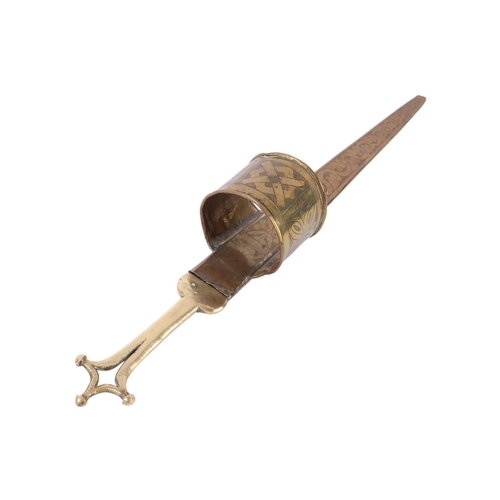 71 - An early 20th century African Tuareg / Telek, Nupe tribe arm dagger with brass handle and scabbard h... 