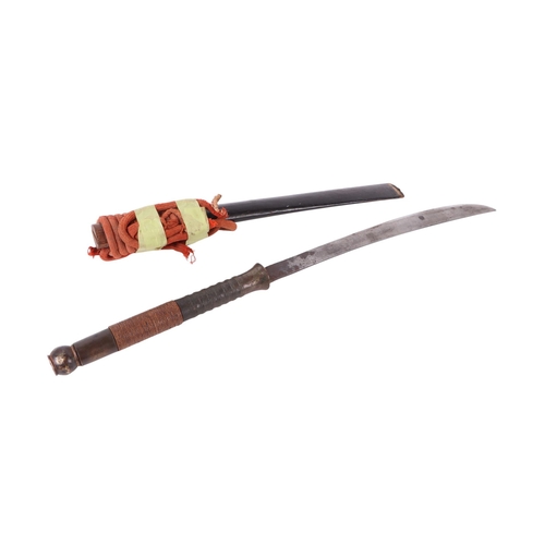 77 - A 19th century Thai Dha / Daab sword with bronze and woven rattan handle, in a lacquered wooden scab... 