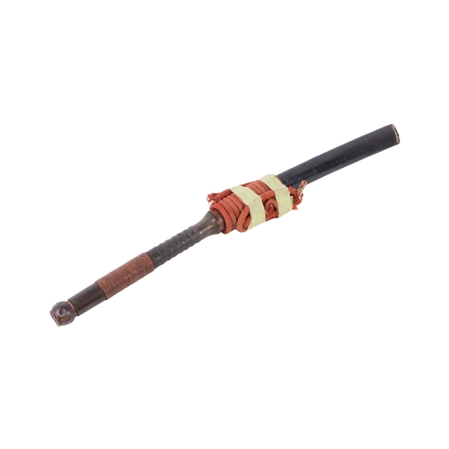 77 - A 19th century Thai Dha / Daab sword with bronze and woven rattan handle, in a lacquered wooden scab... 