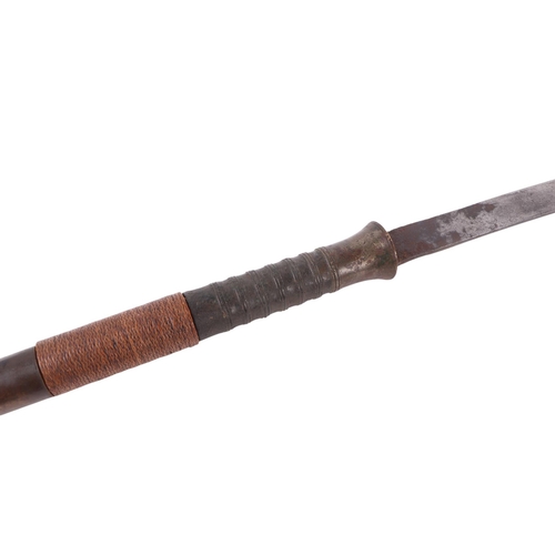 77 - A 19th century Thai Dha / Daab sword with bronze and woven rattan handle, in a lacquered wooden scab... 
